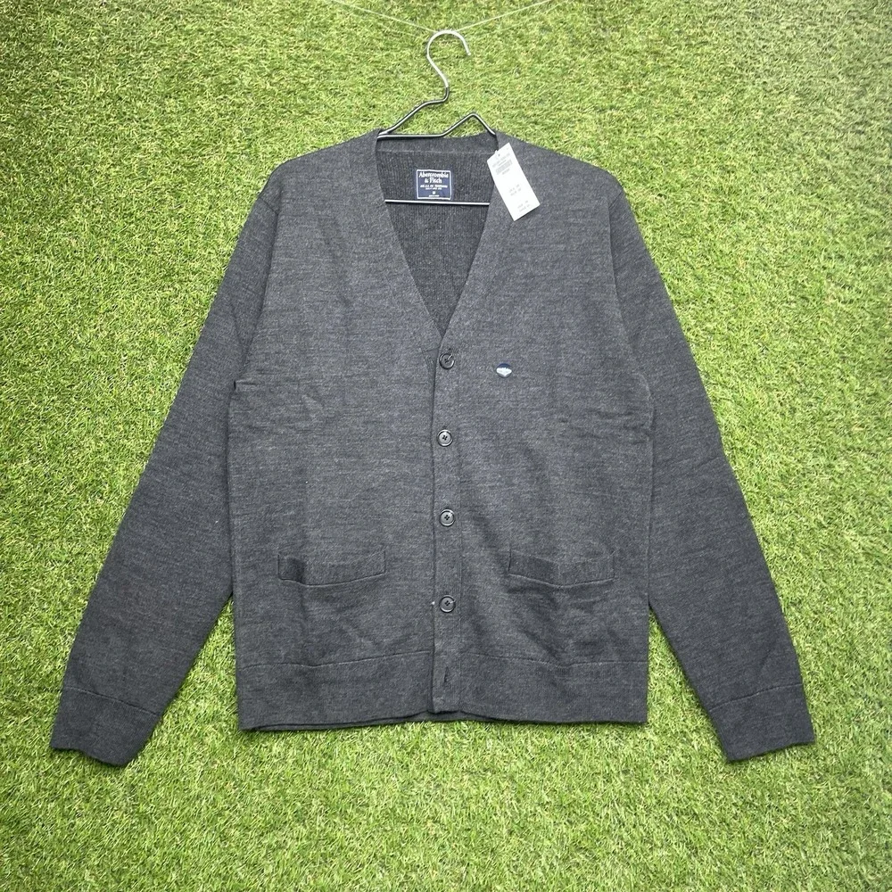 Abercrombie & Fitch Sweater Mens Medium Gray Merino Wool Cardigan Pockets NWT